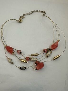Chico's Cherry Illusion Necklace Gold Ivory Signed Wire Stones Short Length